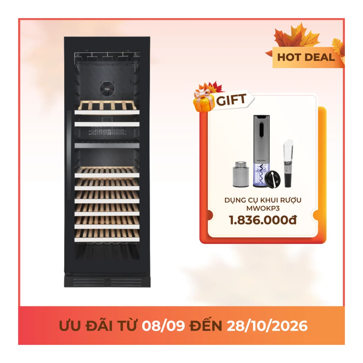 Tủ rượu độc lập âm tủ 2 vùng nhiệt độ 60 cm 379L chính hãng Malloca
