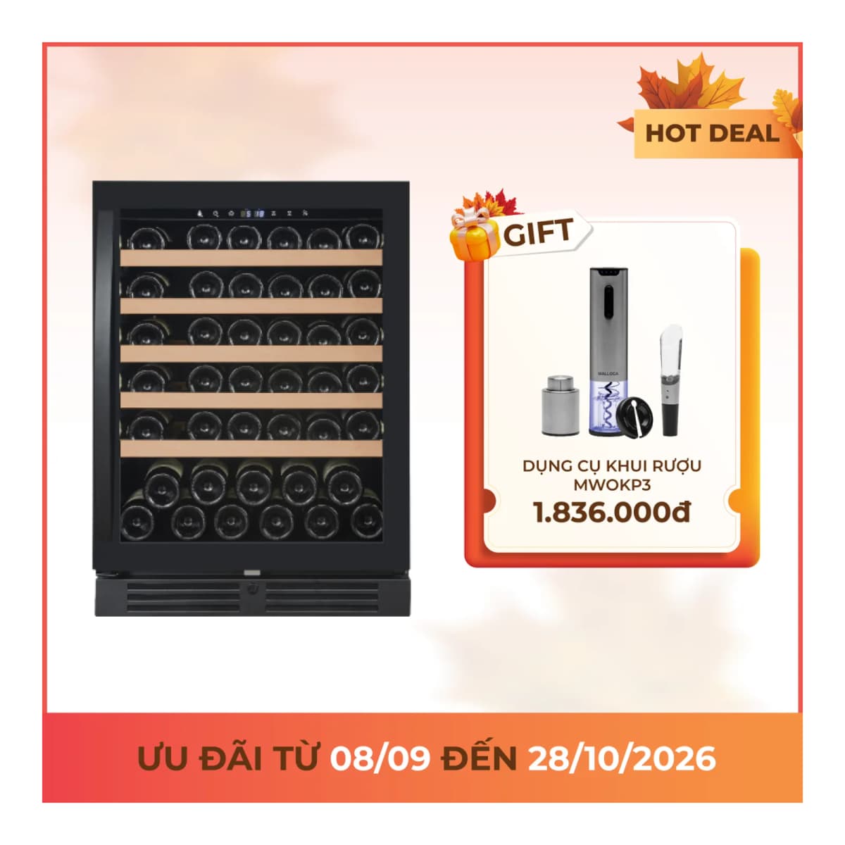 Tủ rượu độc lập âm tủ 1 vùng nhiệt độ 60 cm 127L chính hãng Malloca