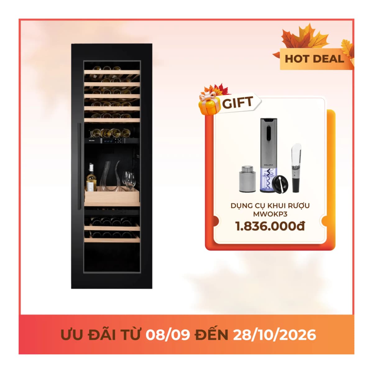 Tủ rượu âm tủ 2 vùng nhiệt độ 60 cm 241L chính hãng Malloca