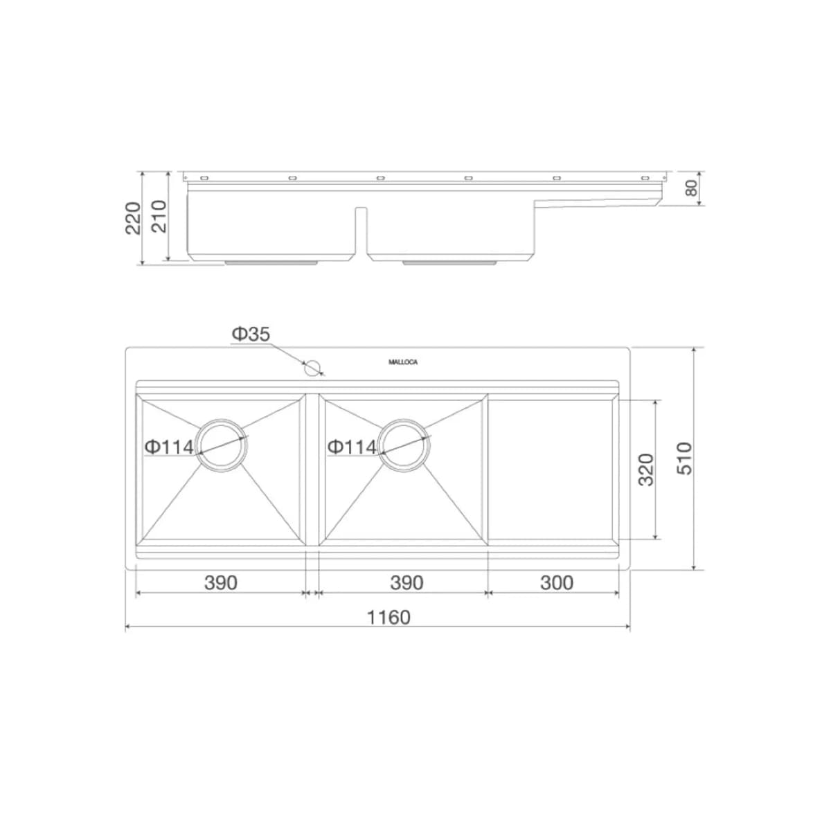 Chậu rửa chén 2 hố Inox 304 kích thước 116 cm chính hãng Malloca