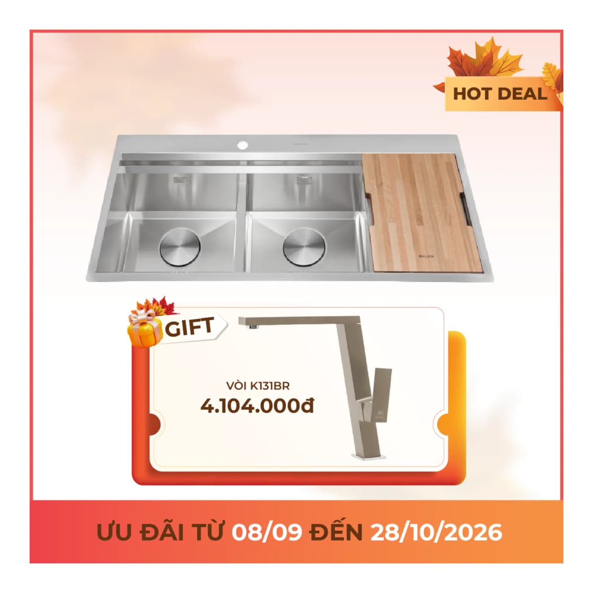 Chậu rửa chén 2 hố Inox 304 kích thước 116 cm chính hãng Malloca