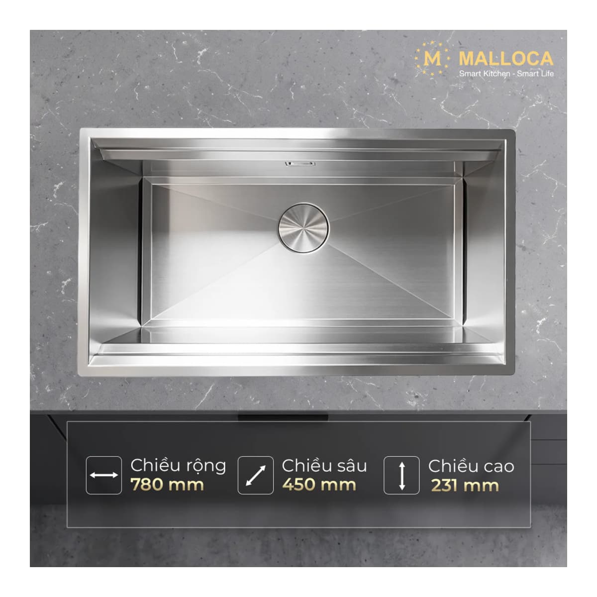 Chậu rửa chén 1 hố Inox 304 kích thước 78 cm – lắp âm hoặc lắp nổi chính hãng Malloca