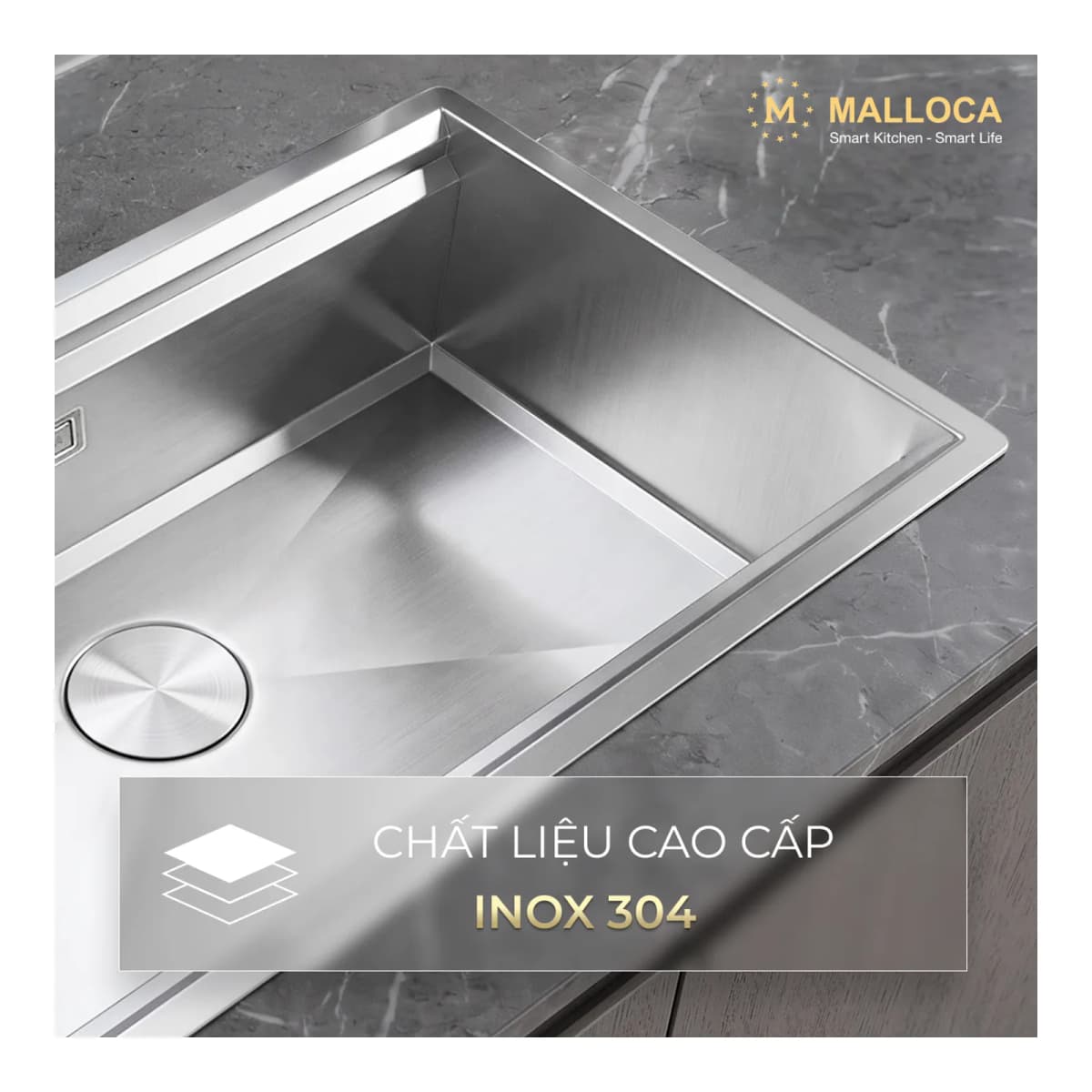 Chậu rửa chén 1 hố Inox 304 kích thước 78 cm – lắp âm hoặc lắp nổi chính hãng Malloca