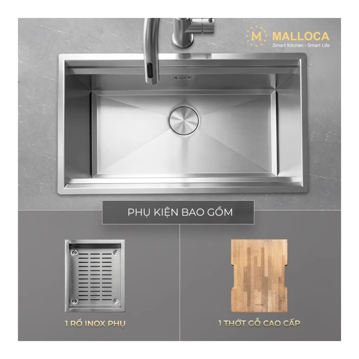 Chậu rửa chén 1 hố Inox 304 kích thước 78 cm – lắp âm hoặc lắp nổi chính hãng Malloca