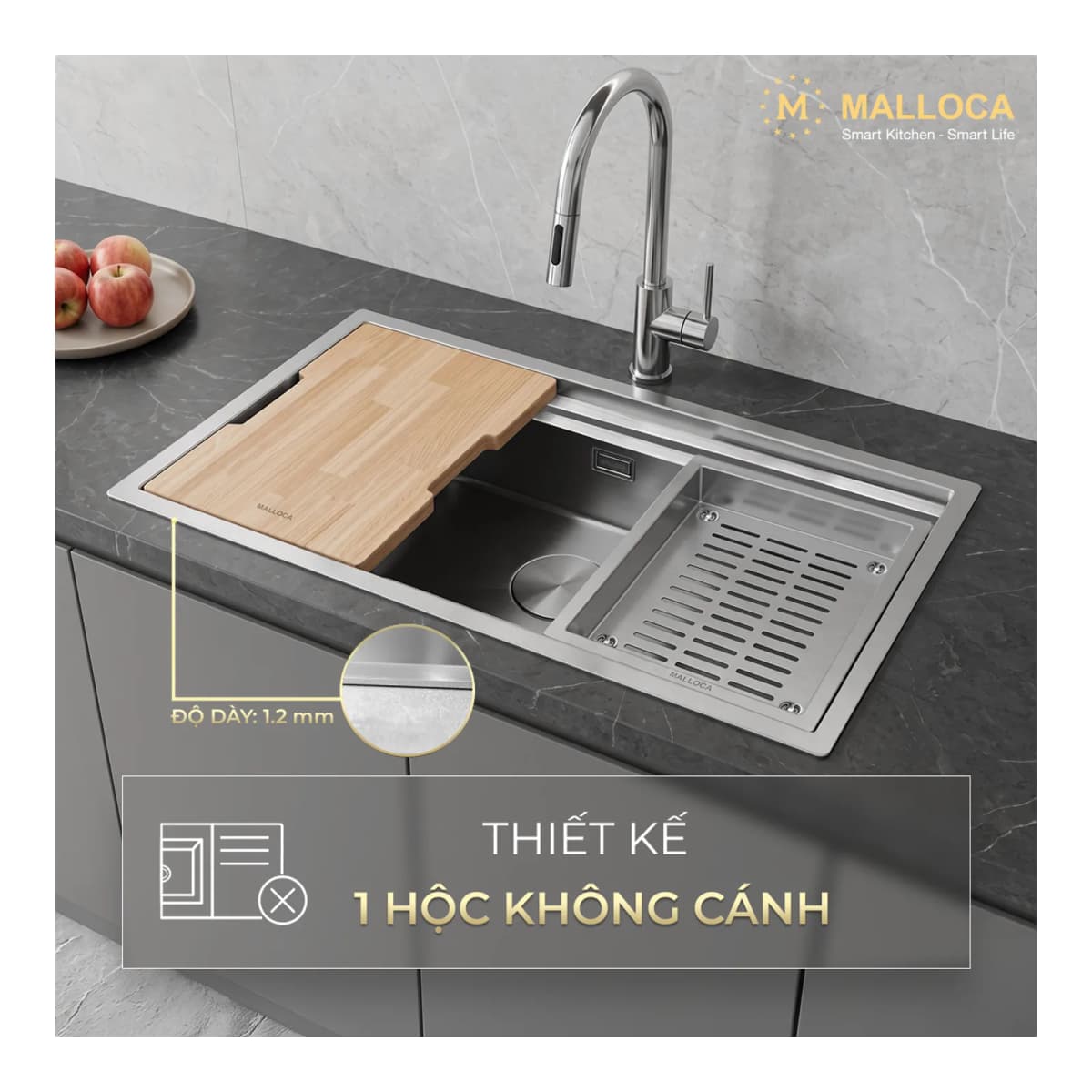 Chậu rửa chén 1 hố Inox 304 kích thước 78 cm – lắp âm hoặc lắp nổi chính hãng Malloca