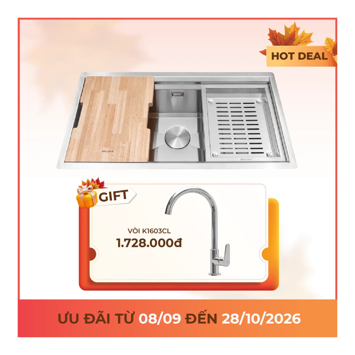 Chậu rửa chén 1 hố Inox 304 kích thước 78 cm – lắp âm hoặc lắp nổi chính hãng Malloca