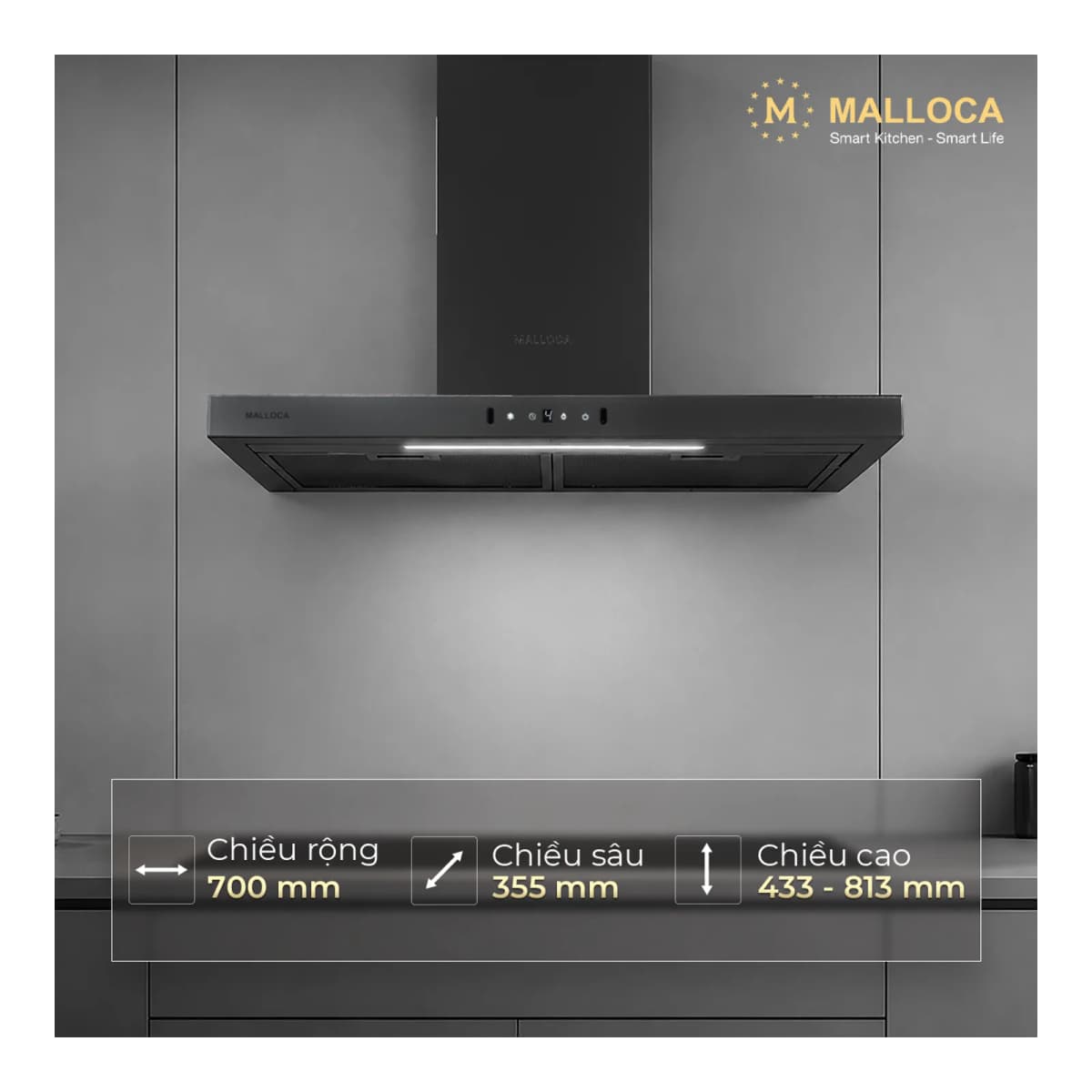 Máy hút mùi áp tường dạng chữ T 70 cm chính hãng Malloca