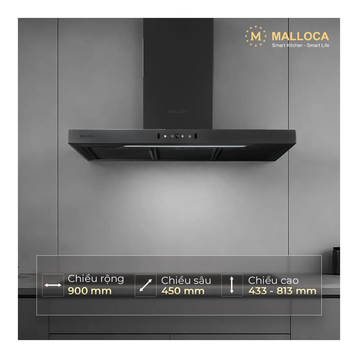 Máy hút mùi áp tường dạng chữ T 90 cm chính hãng Malloca