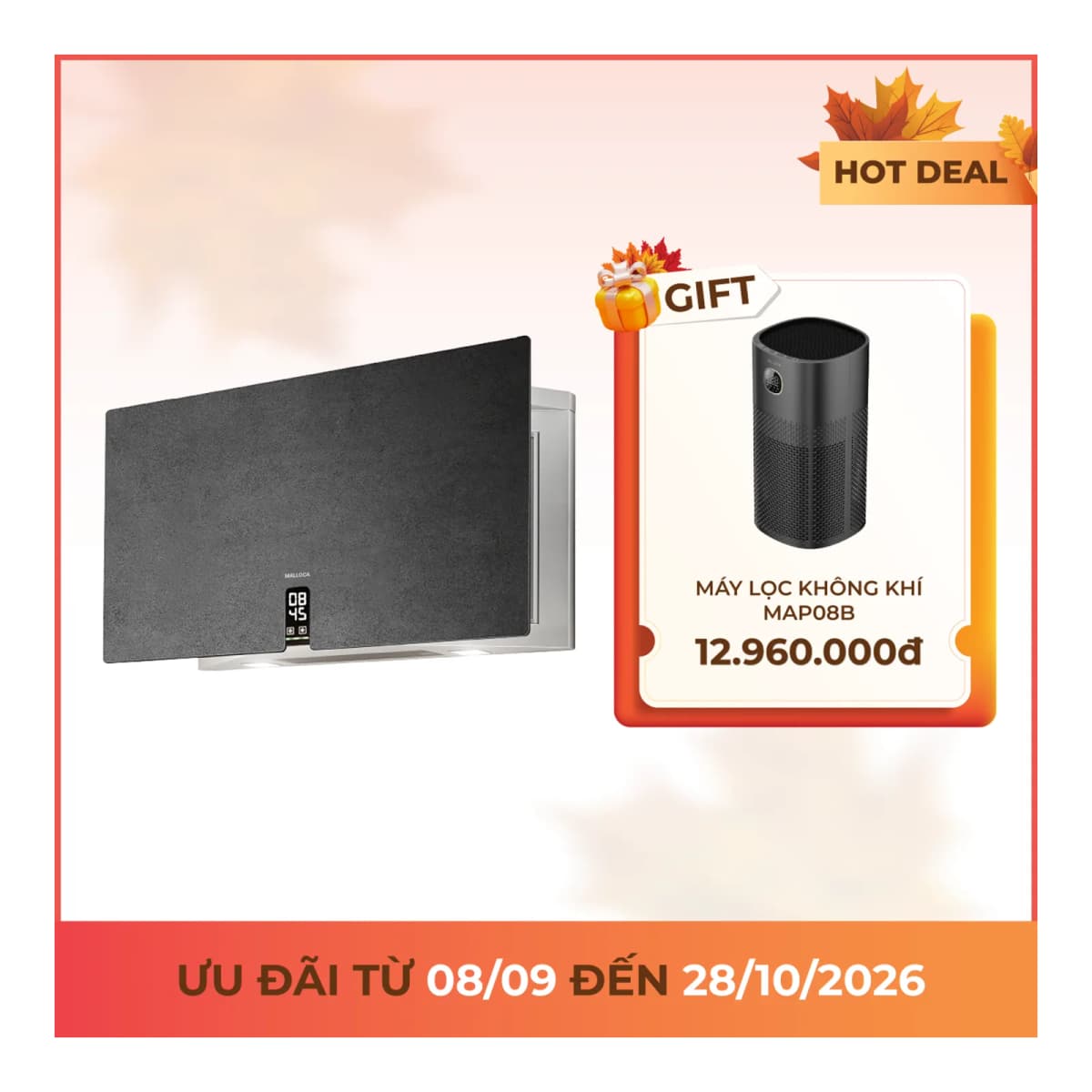 Máy hút mùi áp tường dạng chữ t 90 cm chính hãng Malloca