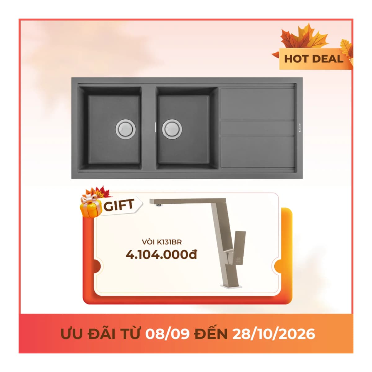 Chậu rửa chén đá Granite 2 hố kích thước 116 cm chính hãng Malloca