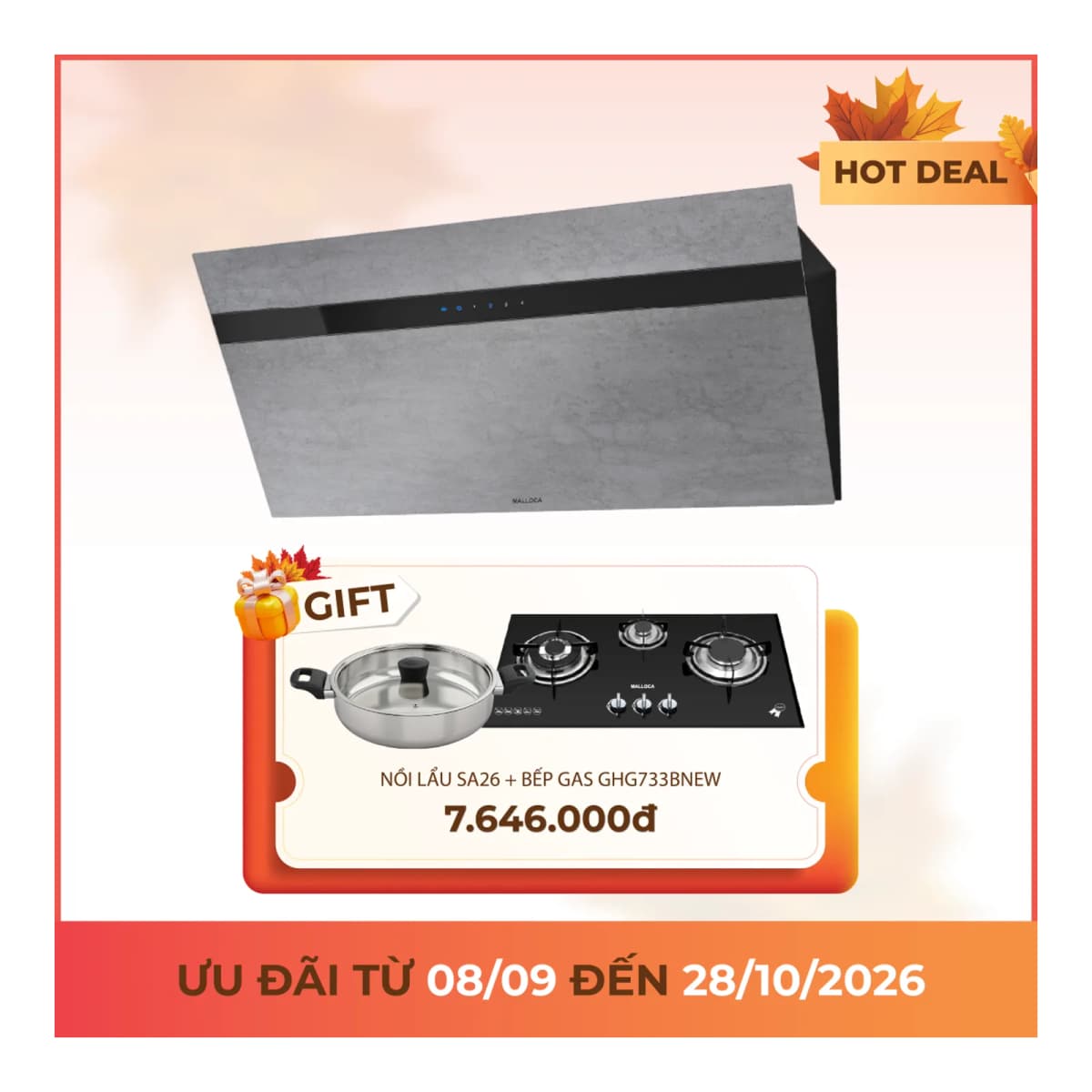 Máy hút mùi áp tường dạng nghiêng 90 cm chính hãng Malloca