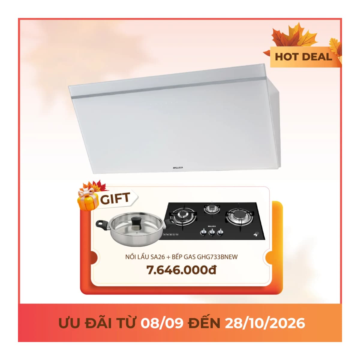 Máy hút mùi áp tường dạng nghiêng 90 cm chính hãng Malloca