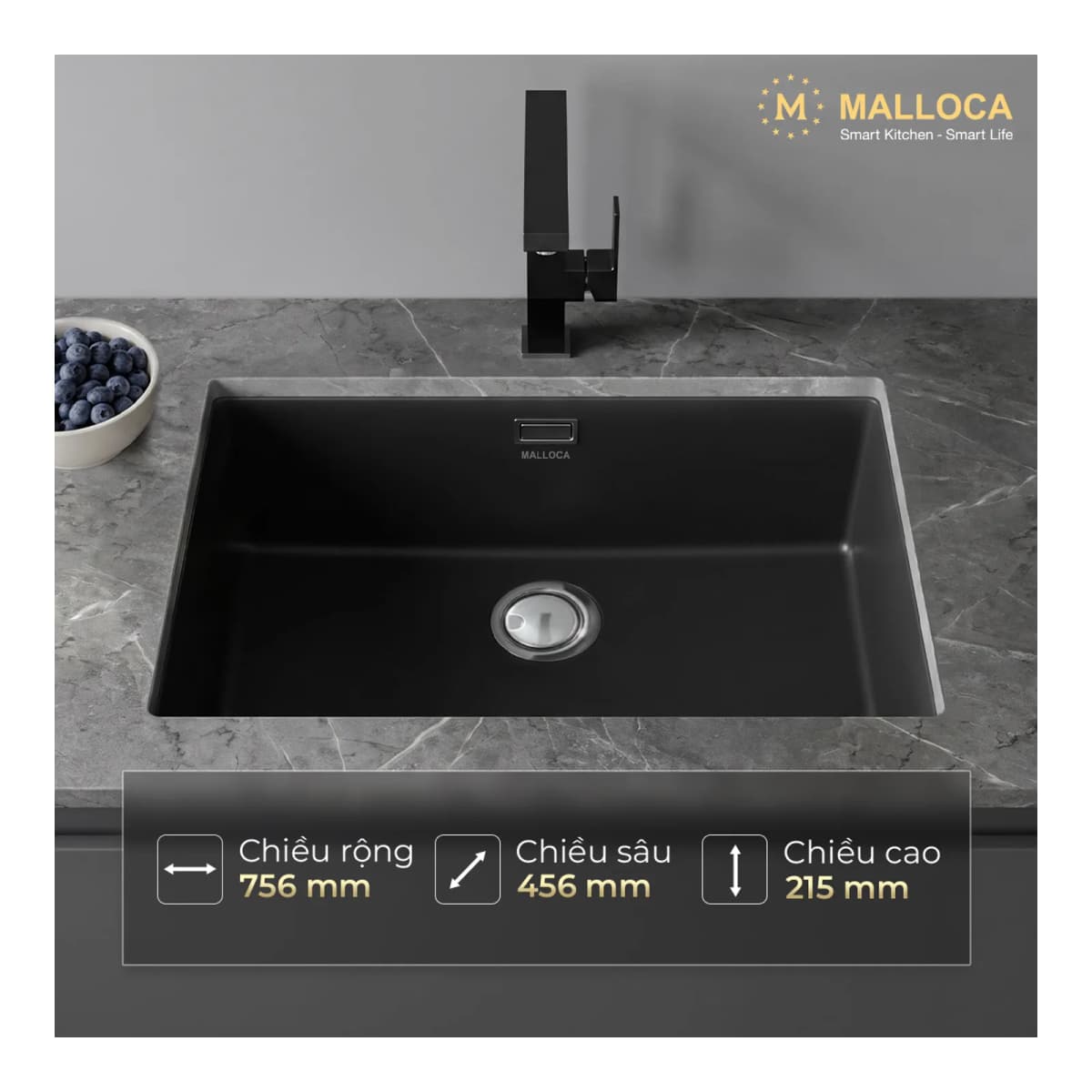 Chậu rửa chén đá Granite 1 hố kích thước 75.6 cm - lắp âm hoặc lắp nổi chính hãng Malloca