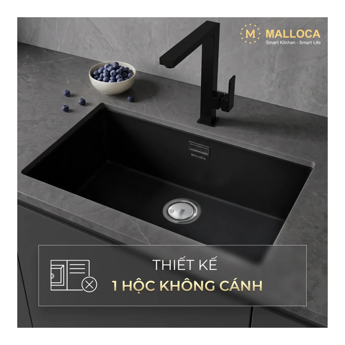 Chậu rửa chén đá Granite 1 hố kích thước 75.6 cm - lắp âm hoặc lắp nổi chính hãng Malloca