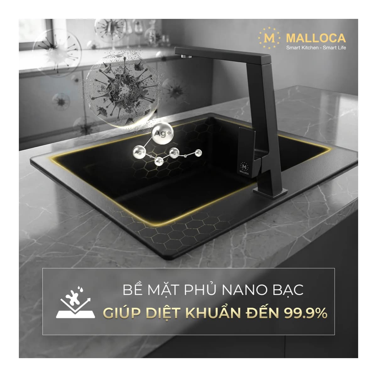 Chậu rửa chén đá Granite 1 hố kích thước 75.6 cm - lắp âm hoặc lắp nổi chính hãng Malloca