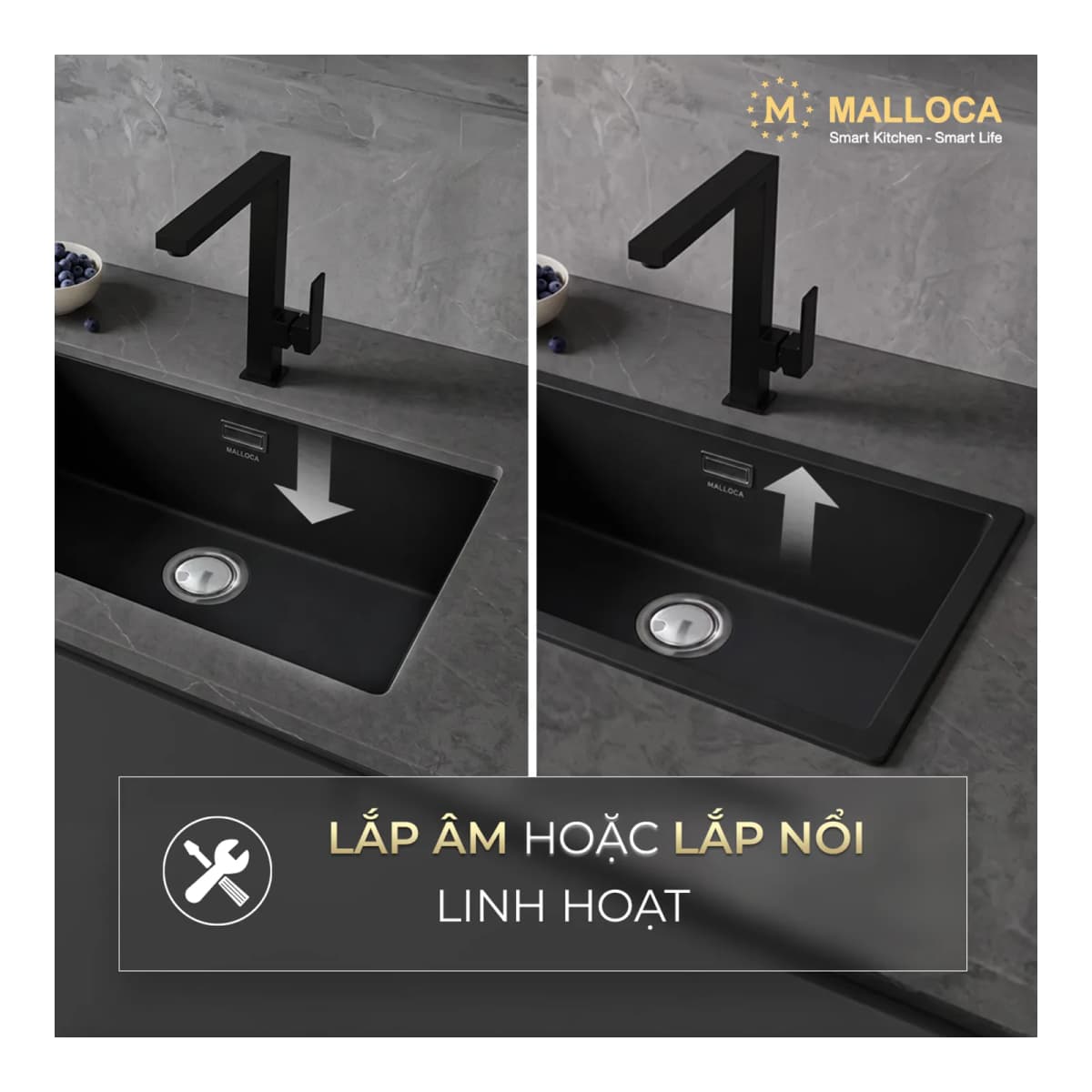 Chậu rửa chén đá Granite 1 hố kích thước 75.6 cm - lắp âm hoặc lắp nổi chính hãng Malloca