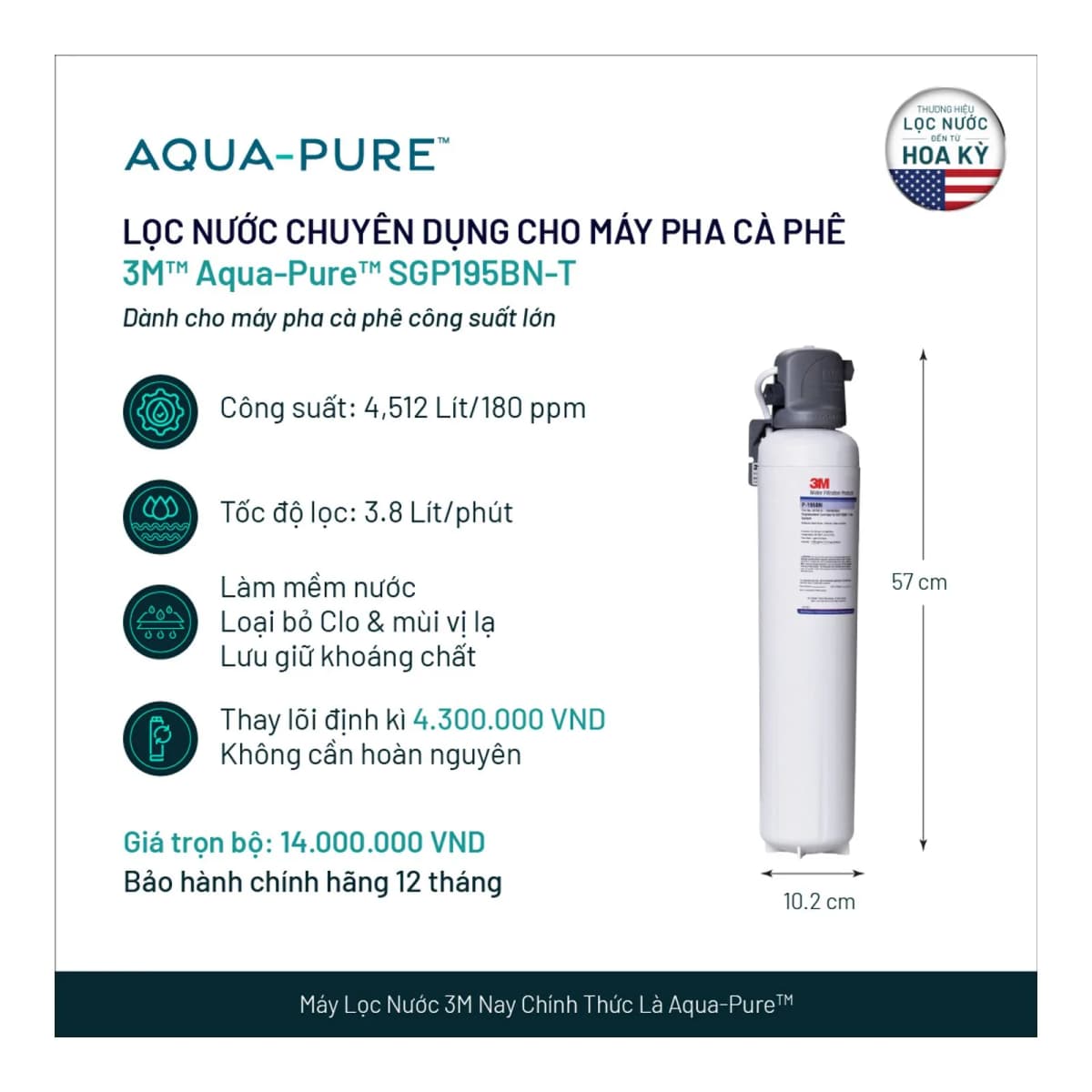 Máy Lọc Nước Chuyên Dụng Cho Máy Pha Cà Phê 3M™ Aqua-Pure™ SGP195BN-T chính hãng 3M Aqua-Pure