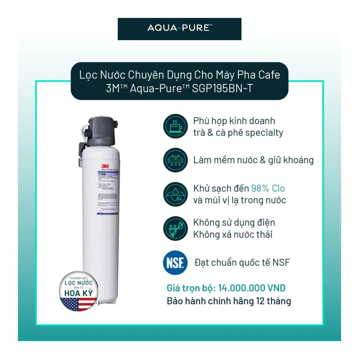Máy Lọc Nước Chuyên Dụng Cho Máy Pha Cà Phê 3M™ Aqua-Pure™ SGP195BN-T chính hãng 3M Aqua-Pure