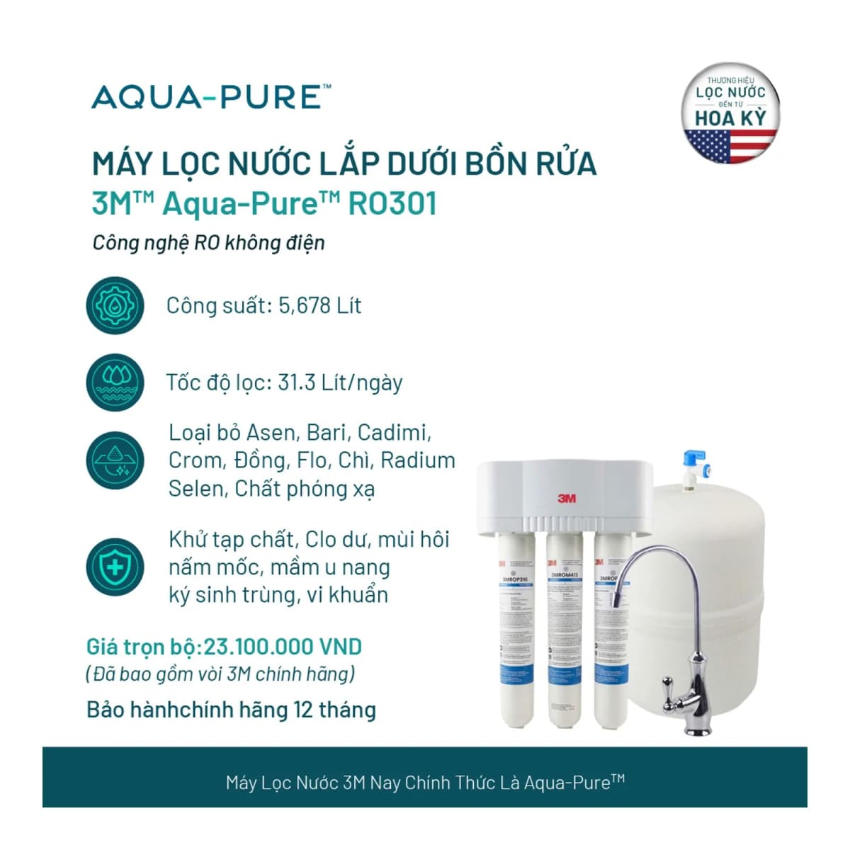 Máy Lọc Nước Lắp Dưới Bồn Rửa 3M™ Aqua-Pure™ RO301 - Công Nghệ RO Không Dùng Điện chính hãng 3M Aqua-Pure