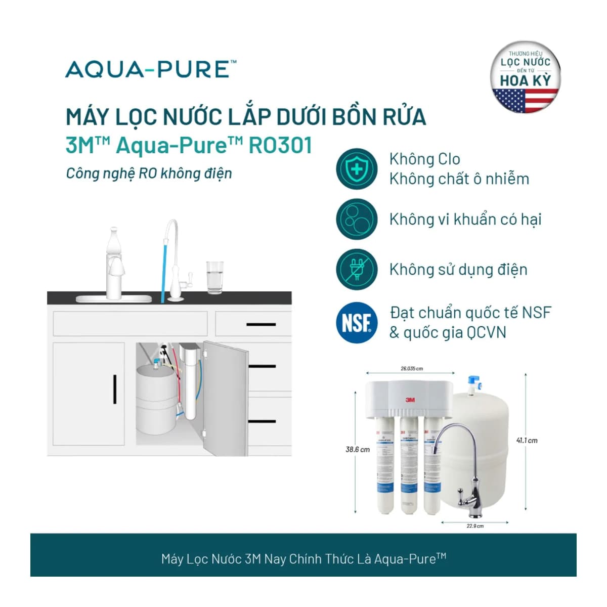 Máy Lọc Nước Lắp Dưới Bồn Rửa 3M™ Aqua-Pure™ RO301 - Công Nghệ RO Không Dùng Điện chính hãng 3M Aqua-Pure