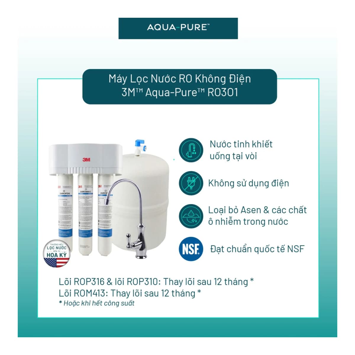 Máy Lọc Nước Lắp Dưới Bồn Rửa 3M™ Aqua-Pure™ RO301 - Công Nghệ RO Không Dùng Điện chính hãng 3M Aqua-Pure