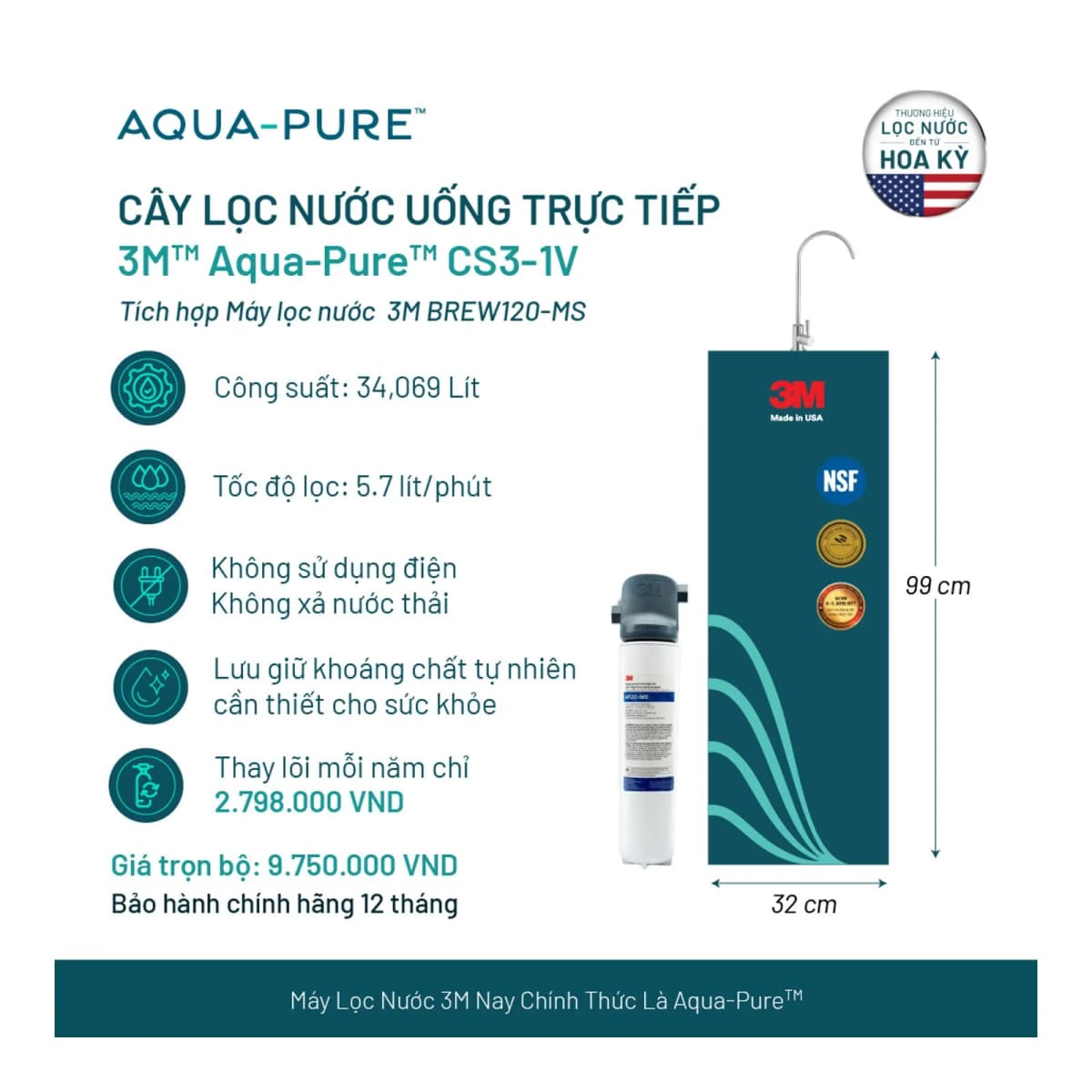 Cây Lọc Nước Uống Trực Tiếp CS3-1V (Tích Hợp Máy Lọc Nước 3M™ Aqua-Pure™ BREW120-MS) chính hãng 3M Aqua-Pure