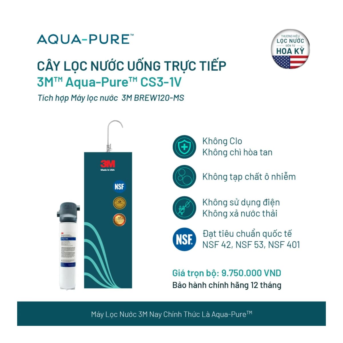 Cây Lọc Nước Uống Trực Tiếp CS3-1V (Tích Hợp Máy Lọc Nước 3M™ Aqua-Pure™ BREW120-MS) chính hãng 3M Aqua-Pure