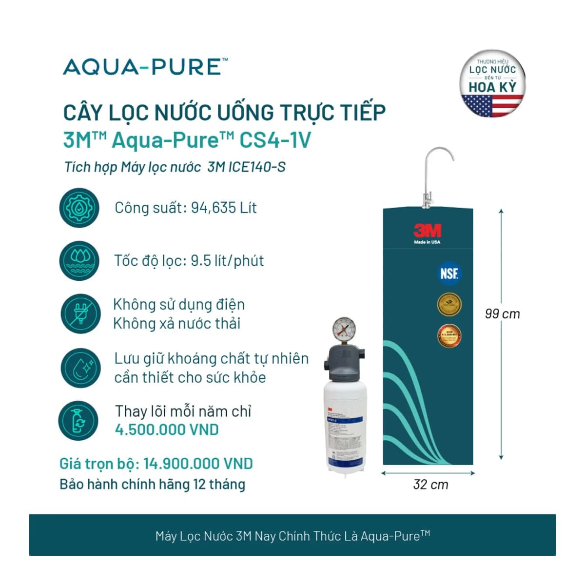 Cây Lọc Nước Uống Trực Tiếp CS4-1V (Tích Hợp Máy Lọc Nước 3M™ Aqua-Pure™ ICE140-S) chính hãng 3M Aqua-Pure