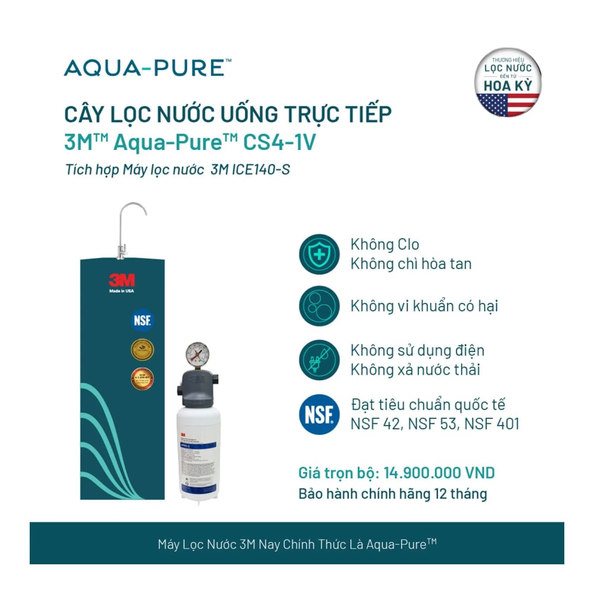 Cây Lọc Nước Uống Trực Tiếp CS4-1V (Tích Hợp Máy Lọc Nước 3M™ Aqua-Pure™ ICE140-S) chính hãng 3M Aqua-Pure