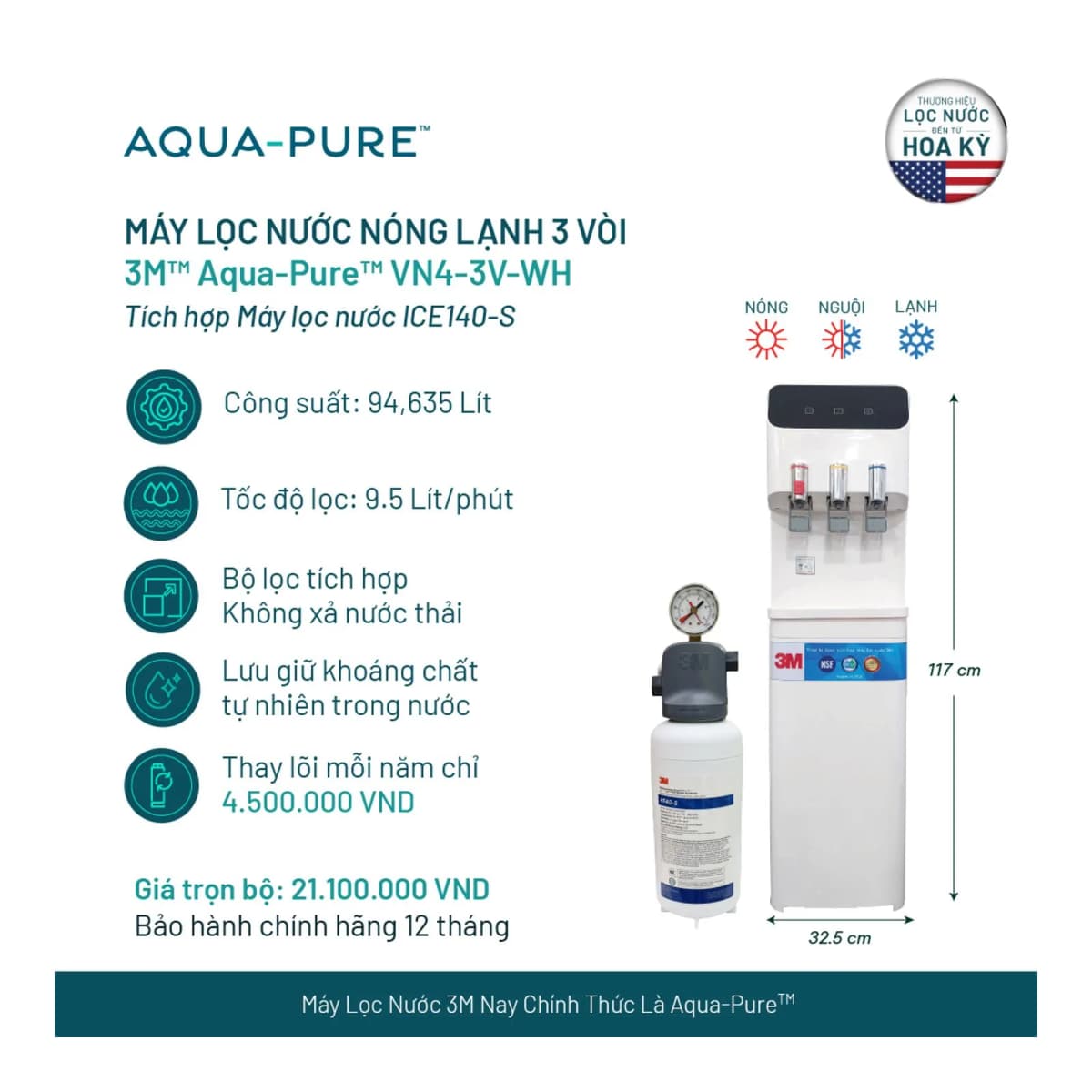 Cây Lọc Nước Nóng Lạnh VN4-3V-WH (Tích Hợp Máy Lọc Nước 3M™ Aqua-Pure™ ICE140-S) chính hãng 3M Aqua-Pure