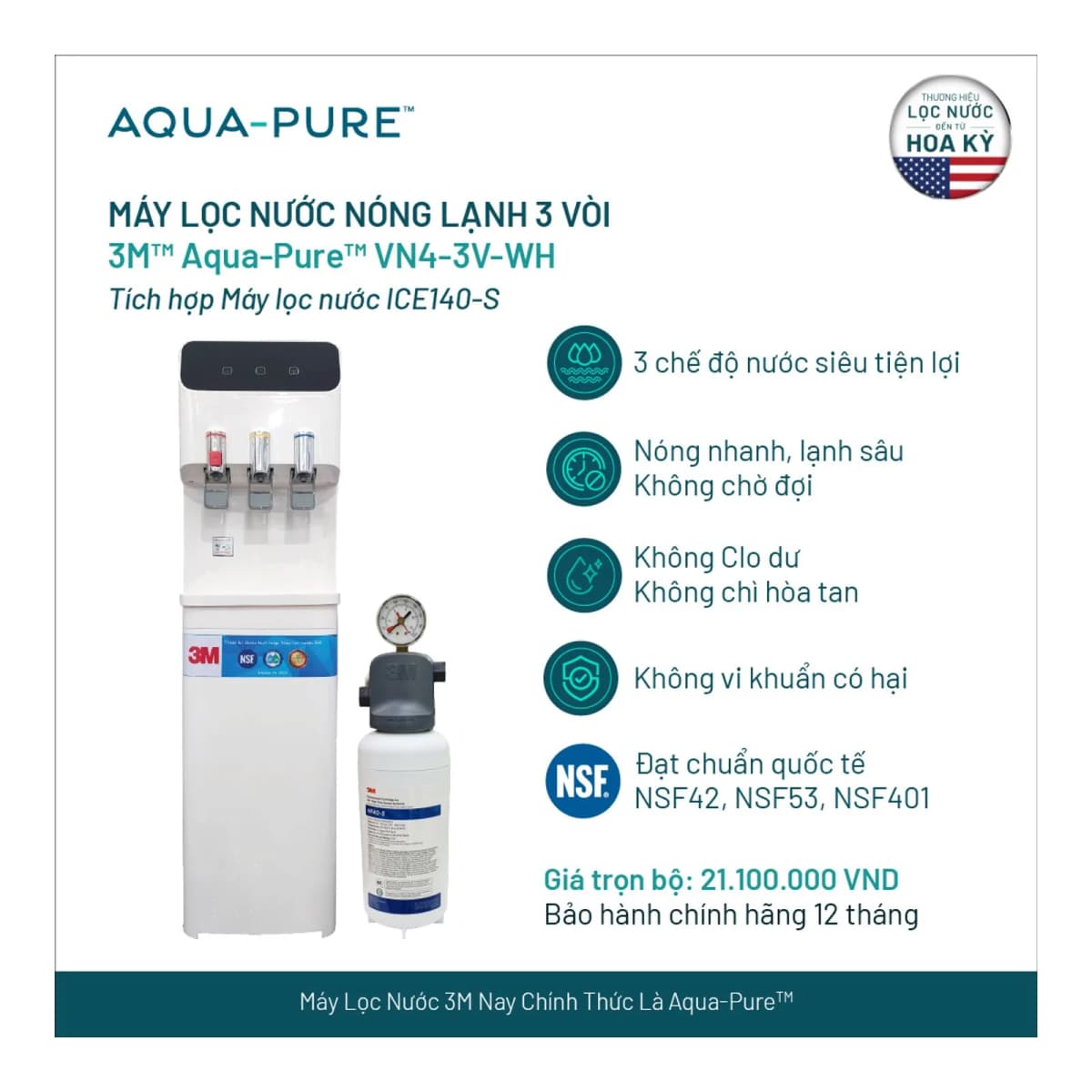 Cây Lọc Nước Nóng Lạnh VN4-3V-WH (Tích Hợp Máy Lọc Nước 3M™ Aqua-Pure™ ICE140-S) chính hãng 3M Aqua-Pure
