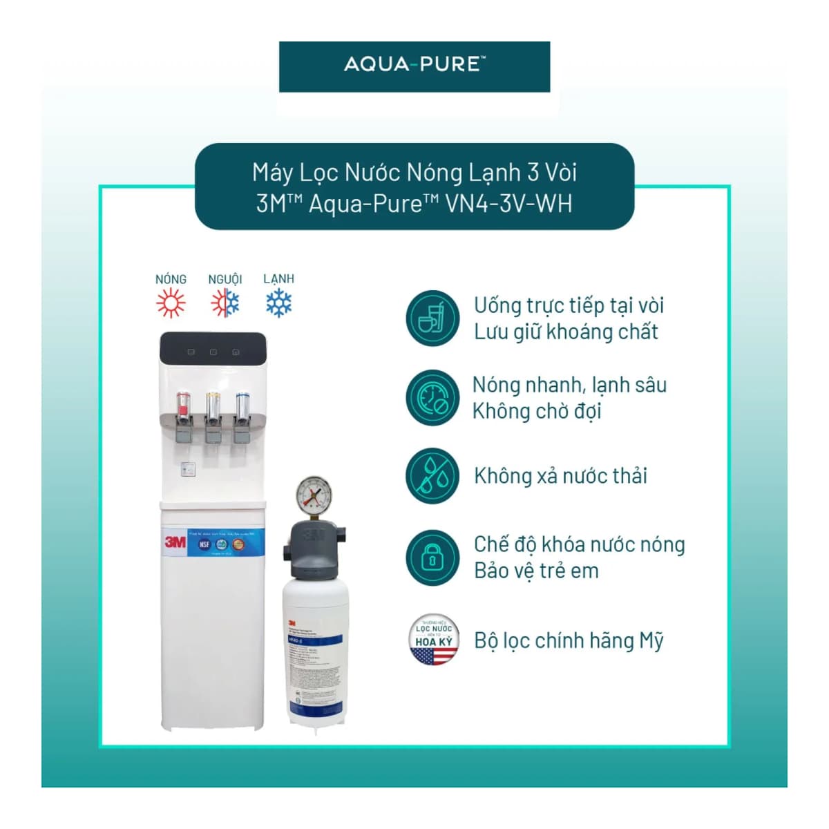 Cây Lọc Nước Nóng Lạnh VN4-3V-WH (Tích Hợp Máy Lọc Nước 3M™ Aqua-Pure™ ICE140-S) chính hãng 3M Aqua-Pure