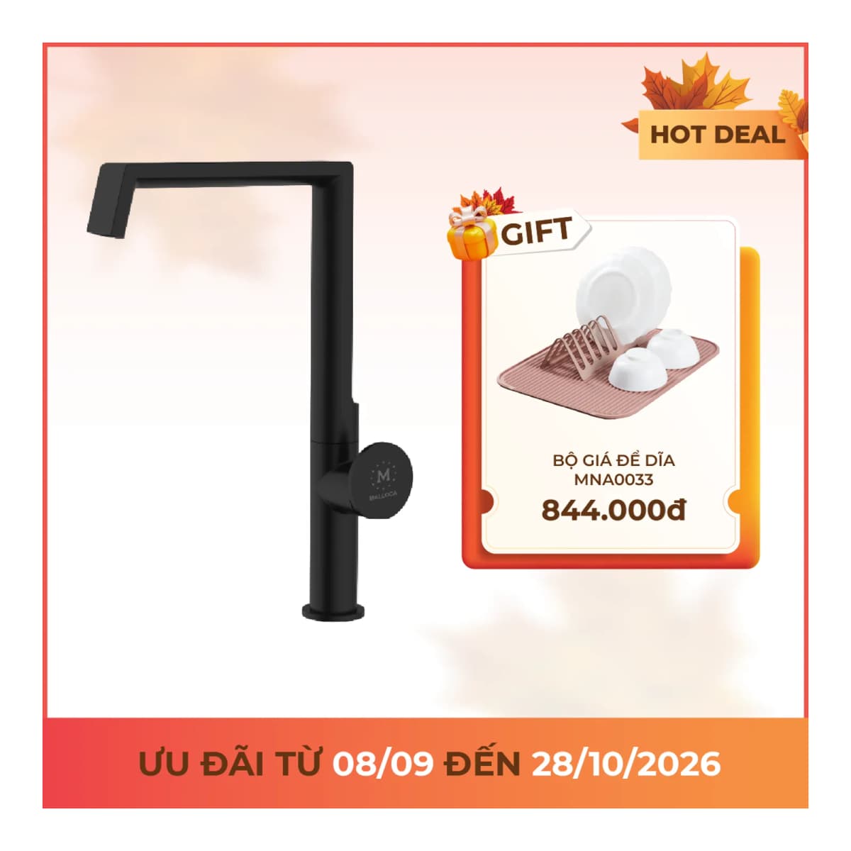 Vòi rửa chén nóng lạnh đồng thau sơn phủ chính hãng Malloca
