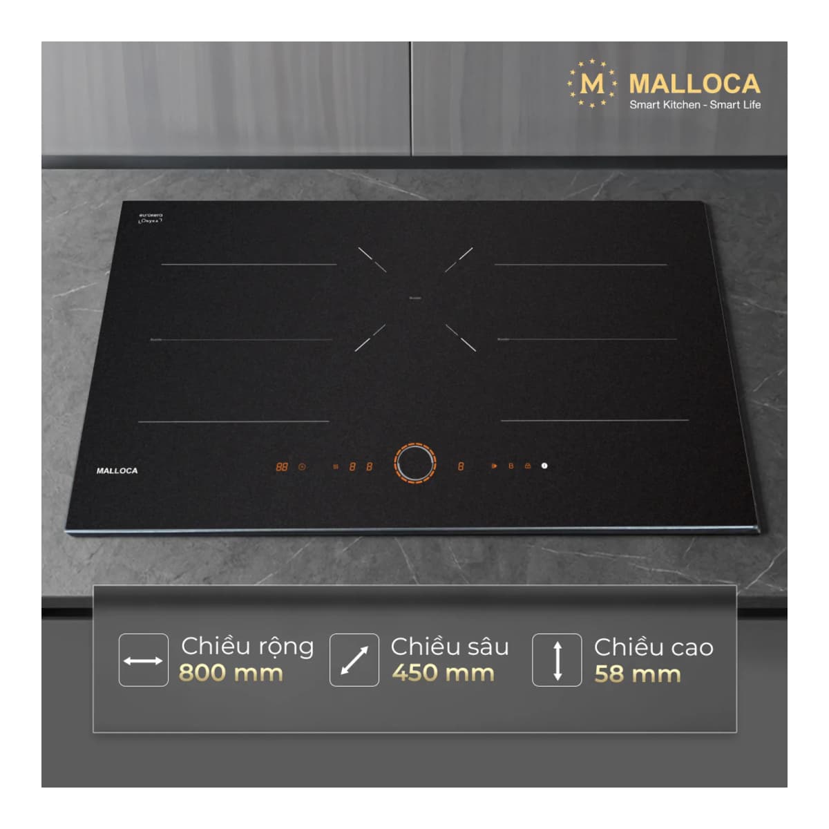 Bếp từ 3 vùng nấu 80 cm (Mặt kính Onyka chống trầy xước) chính hãng Malloca