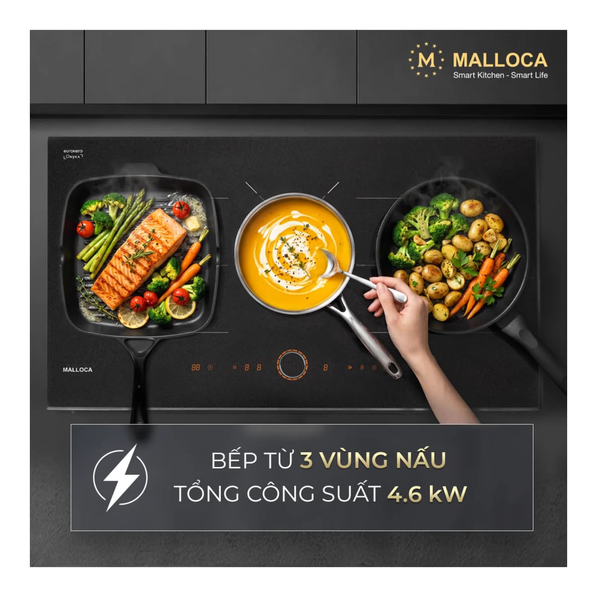 Bếp từ 3 vùng nấu 80 cm (Mặt kính Onyka chống trầy xước) chính hãng Malloca